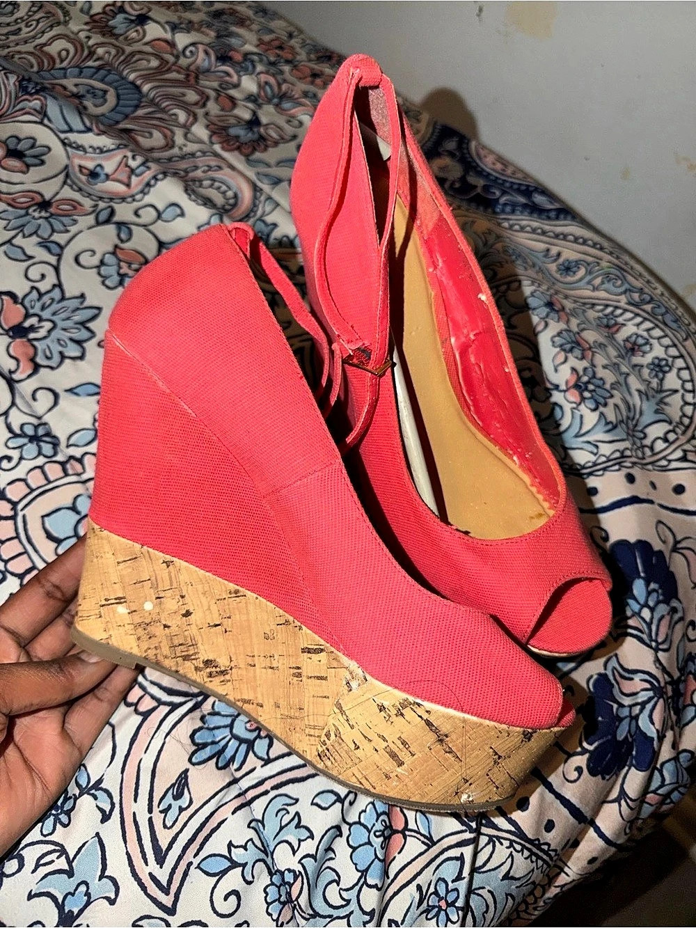 Nine West Pink Cork Wedge Peep Toe Heels